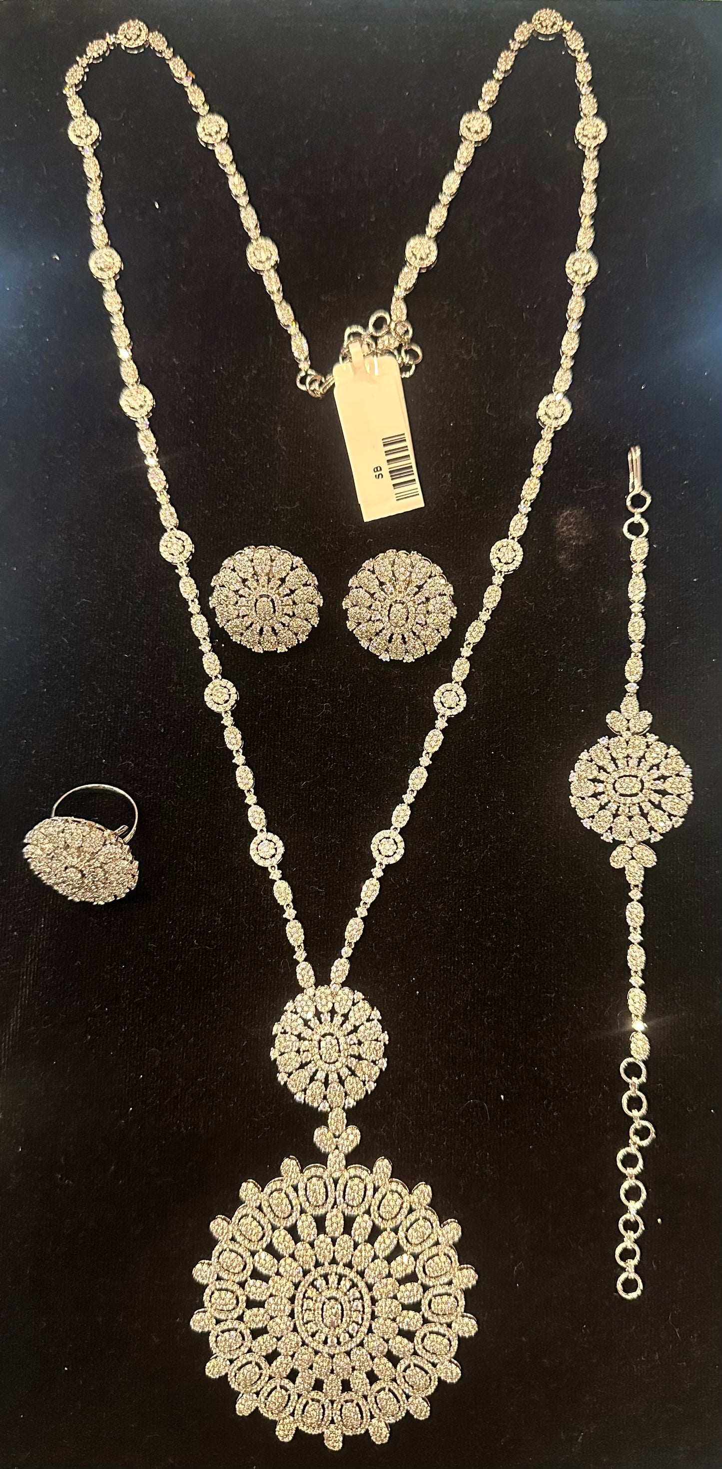 Plain silver 4 piece (necklace,earrings,ring,bracelet)long necklace set