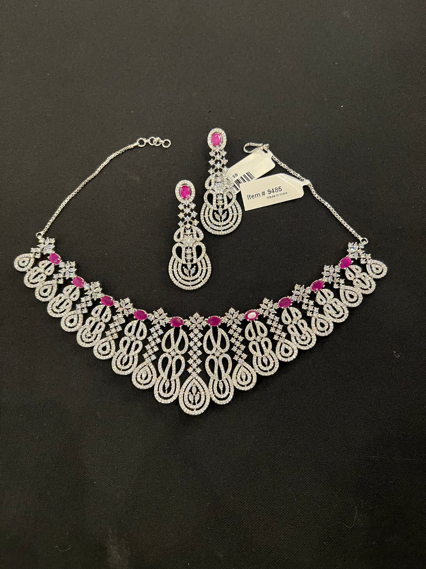 Pink and silver stoned necklace set